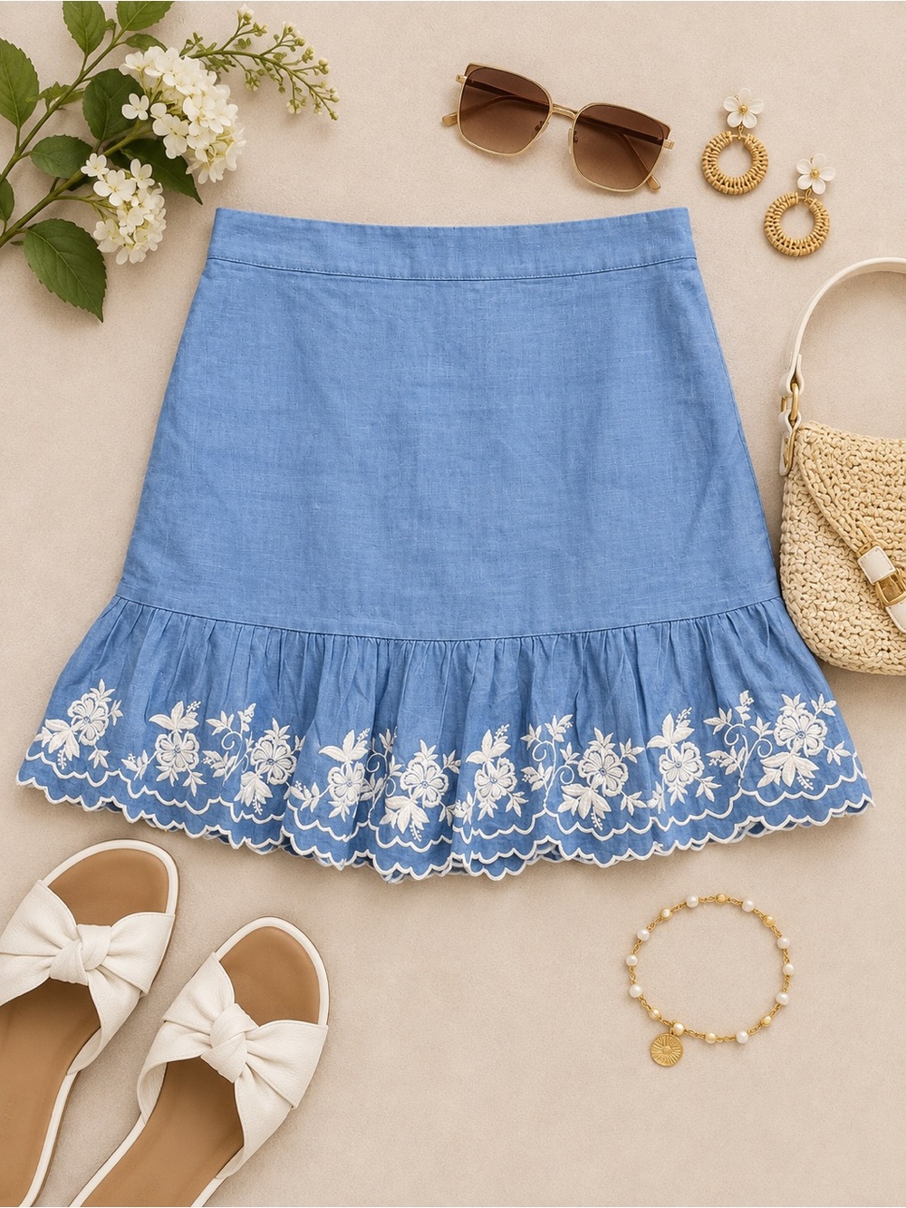 J.Crew Blue Embroidered Ruffle Hem Skirt Size Large